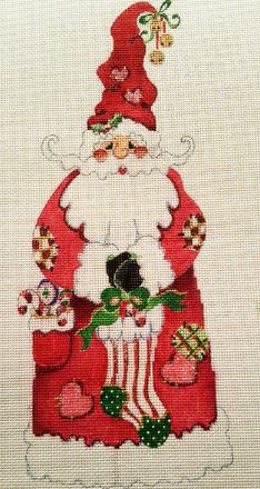 click here to view larger image of Santa w/Patches Holding Stocking (hand painted canvases)