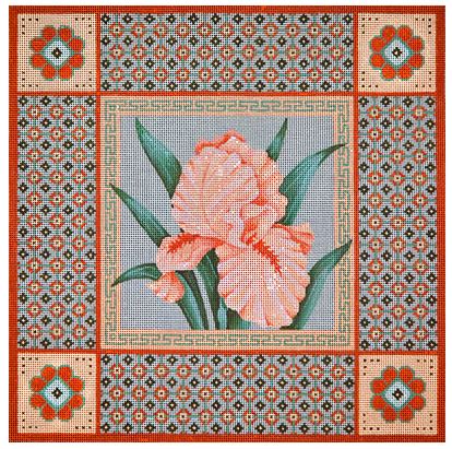 click here to view larger image of Peach Iris on Sage Green w/Borders (hand painted canvases)