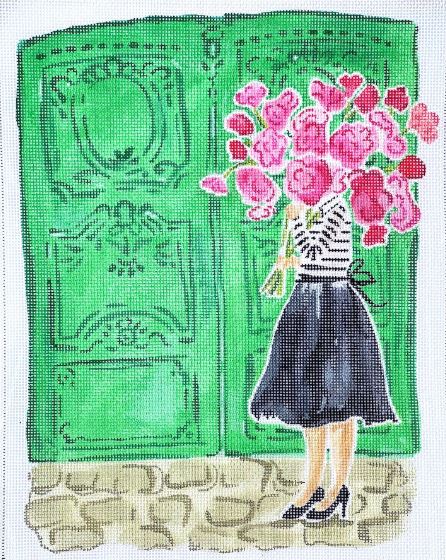 click here to view larger image of Mademoiselle w/Pink Flowers and Green Doors (hand painted canvases 2)