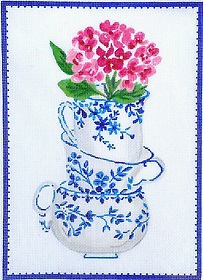 click here to view larger image of Blue/White Stacked Teacups w/Pink Flowers (hand painted canvases 2)