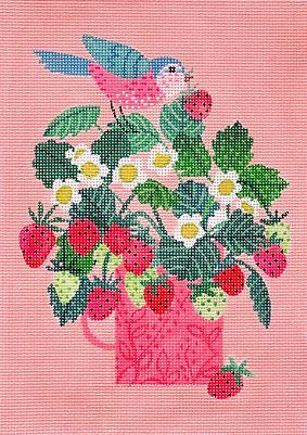 click here to view larger image of Pink Mug w/Strawberries and Songbird (hand painted canvases 2)
