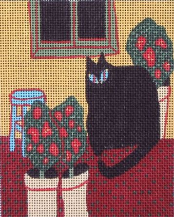 click here to view larger image of Cat and Geraniums   (hand painted canvases)