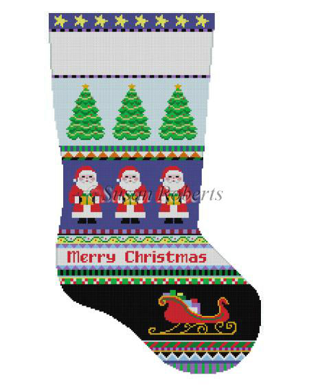 click here to view larger image of Bold Stripe/Santa/Trees/Sleigh Stocking (hand painted canvases)