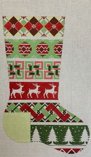 click here to view larger image of Red and Green Ornament/Deer/Tree Stocking (hand painted canvases)