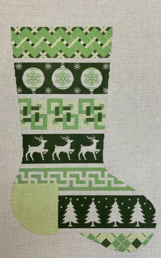 click here to view larger image of Green and White Ornament/Deer/Tree Stocking (hand painted canvases)