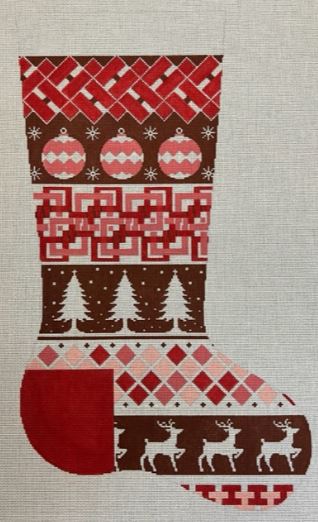 click here to view larger image of Red and White Ornament/Deer/Tree Stocking (hand painted canvases)