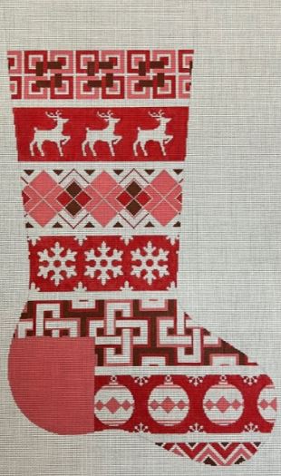 click here to view larger image of Red and White Ornament/Deer/Snowflake Stocking (hand painted canvases)