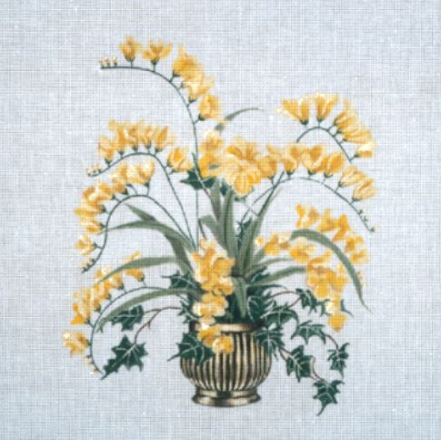 click here to view larger image of Freesia in Brass Pot (hand painted canvases)