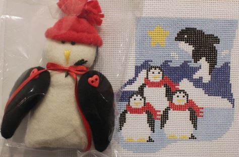 click here to view larger image of Three Penguins w/Penguin Mini Sock (hand painted canvases)