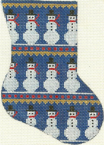 click here to view larger image of Snowman Minisock - Blue background (hand painted canvases)