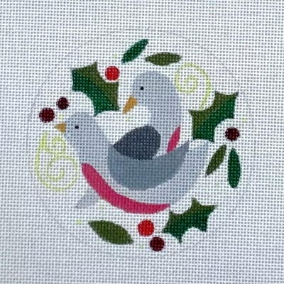 click here to view larger image of Turtle Doves Round Ornament (hand painted canvases)