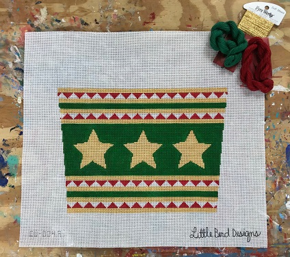 click here to view larger image of Stocking Cuff - Gold Stars Green Background/Triangle Stripes (hand painted canvases)