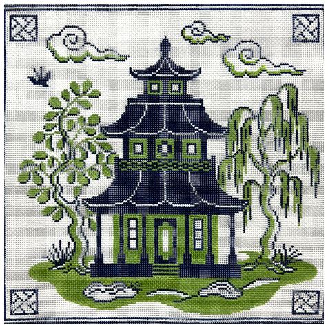 click here to view larger image of Blue and Green Pagoda (hand painted canvases)