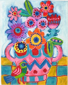 click here to view larger image of Pink and Blue Vase w/Flowers/Green Bird (hand painted canvases 2)