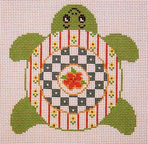 click here to view larger image of Turtle w/Checks and Flowers  (hand painted canvases)