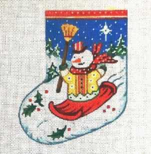 click here to view larger image of Snowman w/Broom Riding Sleigh (hand painted canvases)
