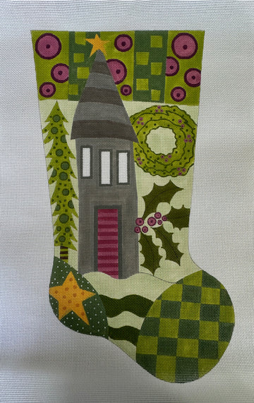 click here to view larger image of Christmas House Stocking (hand painted canvases)