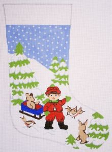 click here to view larger image of Boy w/Sled Christmas Stocking (hand painted canvases)