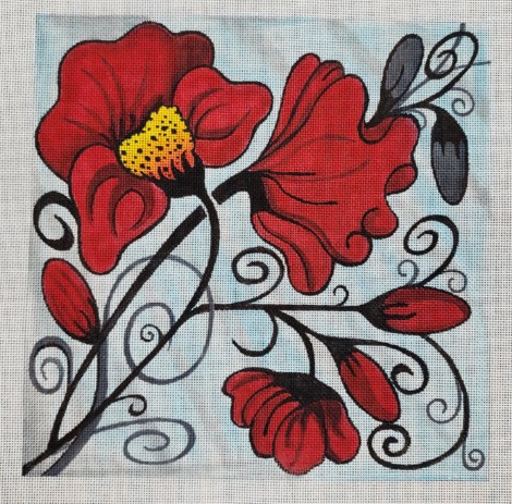 click here to view larger image of Red Flower Square w/Teal Background (hand painted canvases)