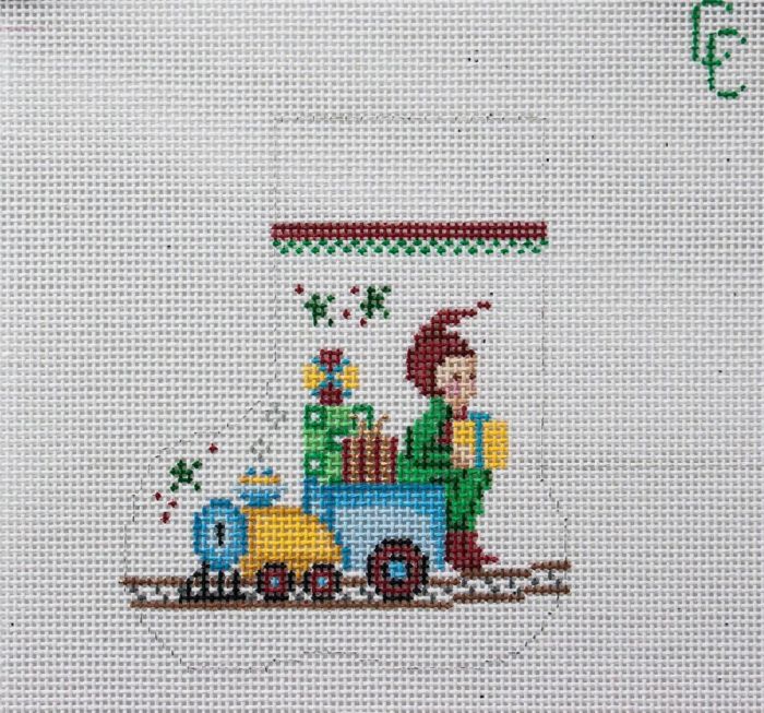 click here to view larger image of Elf on Train Mini Sock (hand painted canvases)