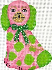 click here to view larger image of Mini Staffordshire Dog/Pink/Lime w/Dotted Green Bow (hand painted canvases 2)