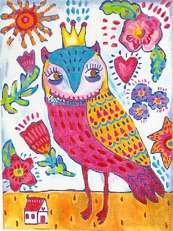 click here to view larger image of Spunky Owl w/Crown and Flowers (hand painted canvases 2)