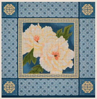 click here to view larger image of Oriental Peonies w/Blue Borders (hand painted canvases)