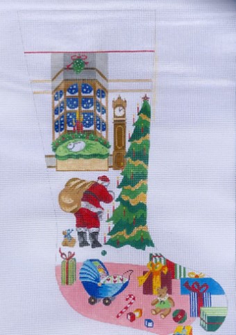 click here to view larger image of Santa Putting Presents Under Tree/Pink Rug Stocking (hand painted canvases)