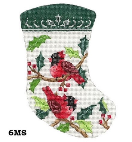 click here to view larger image of Cardinals and Holly Leaves Mini Stocking (hand painted canvases)