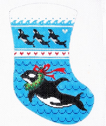 click here to view larger image of Orcas/Waves/Holly Mini Stocking (hand painted canvases)