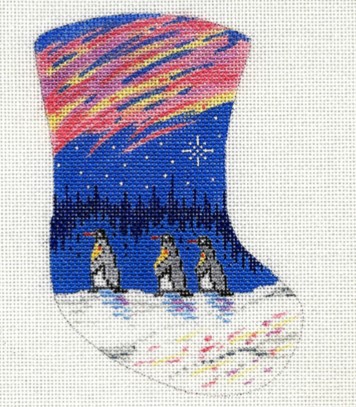 click here to view larger image of Three Penguin/Aurora Borealis Mini Stocking (hand painted canvases)
