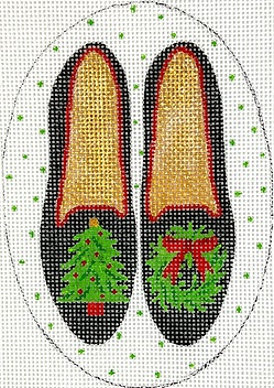 click here to view larger image of Black Velvet Shoes w/Christmas Tree and Wreath (hand painted canvases 2)