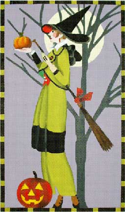 click here to view larger image of Witch with Broom and Little Pumpkin (hand painted canvases)