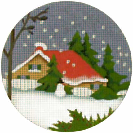 click here to view larger image of Red Roof Snowman Cottage Ornament (hand painted canvases)