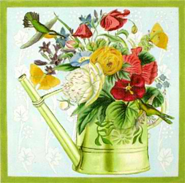 click here to view larger image of Green Watering Can Red Clarkia Bouquet (hand painted canvases)