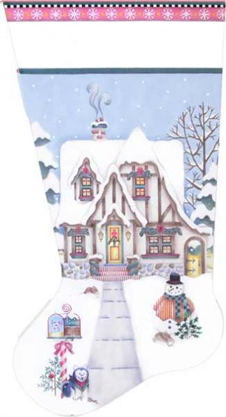 click here to view larger image of Tudor Snow Cottage Stocking (hand painted canvases)