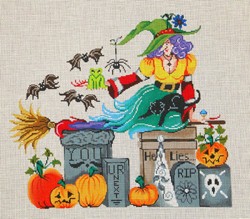 click here to view larger image of Halloween Witch in Garveyard (hand painted canvases)