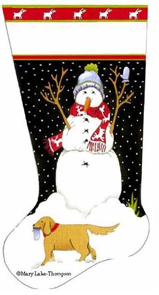 click here to view larger image of Snowman's Best Friend Stocking - Golden Lab (hand painted canvases)