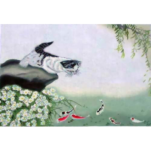 click here to view larger image of Cat & Koi Dinner (hand painted canvases)