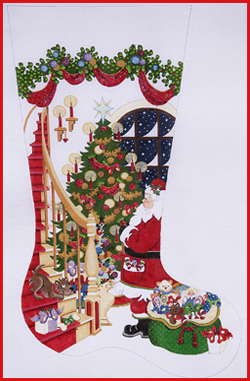 click here to view larger image of Santa Admiring Tree Stocking - 18M (hand painted canvases)