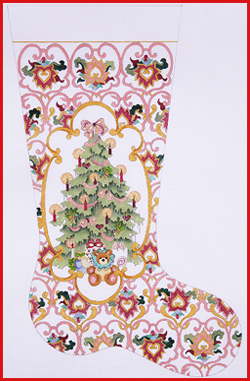click here to view larger image of Decorated Tree w/Gold Cartouche Stocking (hand painted canvases)