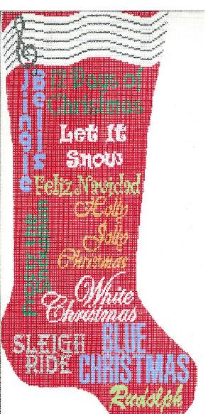 click here to view larger image of Christmas Carol Stocking - Red (hand painted canvases)