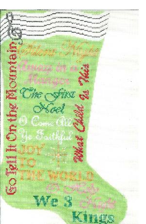 click here to view larger image of Christmas Carol Stocking - Green (hand painted canvases)