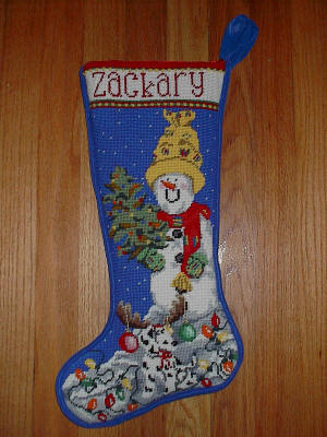 click here to view larger image of Snowman Stocking - Blue (hand painted canvases)