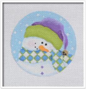 click here to view larger image of Shy Snowman Green/Purple Ornament (hand painted canvases)