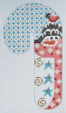 click here to view larger image of Cardinal Snowman Candy Cane Ornament (hand painted canvases)