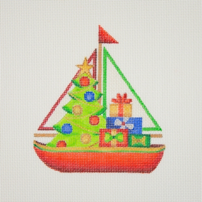 click here to view larger image of Christmas by the Sea - Sailboat with Tree & Packages (hand painted canvases)