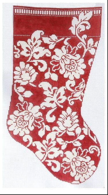 click here to view larger image of Karen's Red Damask Stocking  (hand painted canvases)