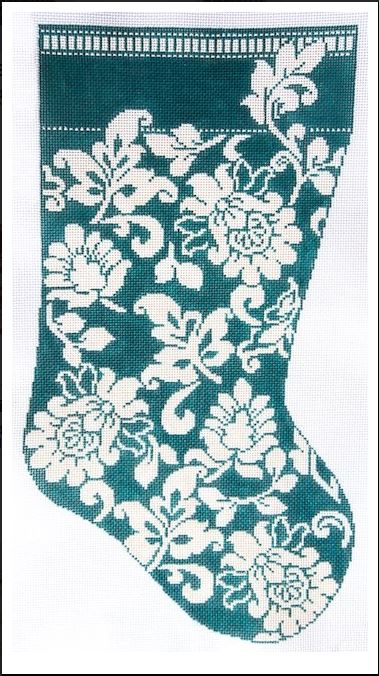 click here to view larger image of Karen's Teal Damask Stocking   (hand painted canvases)