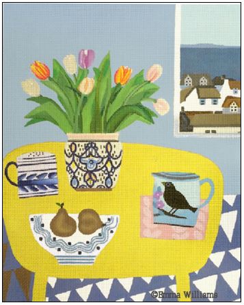 click here to view larger image of Yellow Table, Pears and Tulips (hand painted canvases)